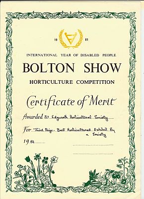 Bolton Show prize certificate